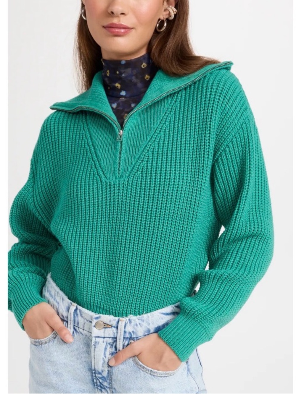 LOU & GREY x Loft Soft Ribbed High Collar Half Zip Sweater Teal XL
